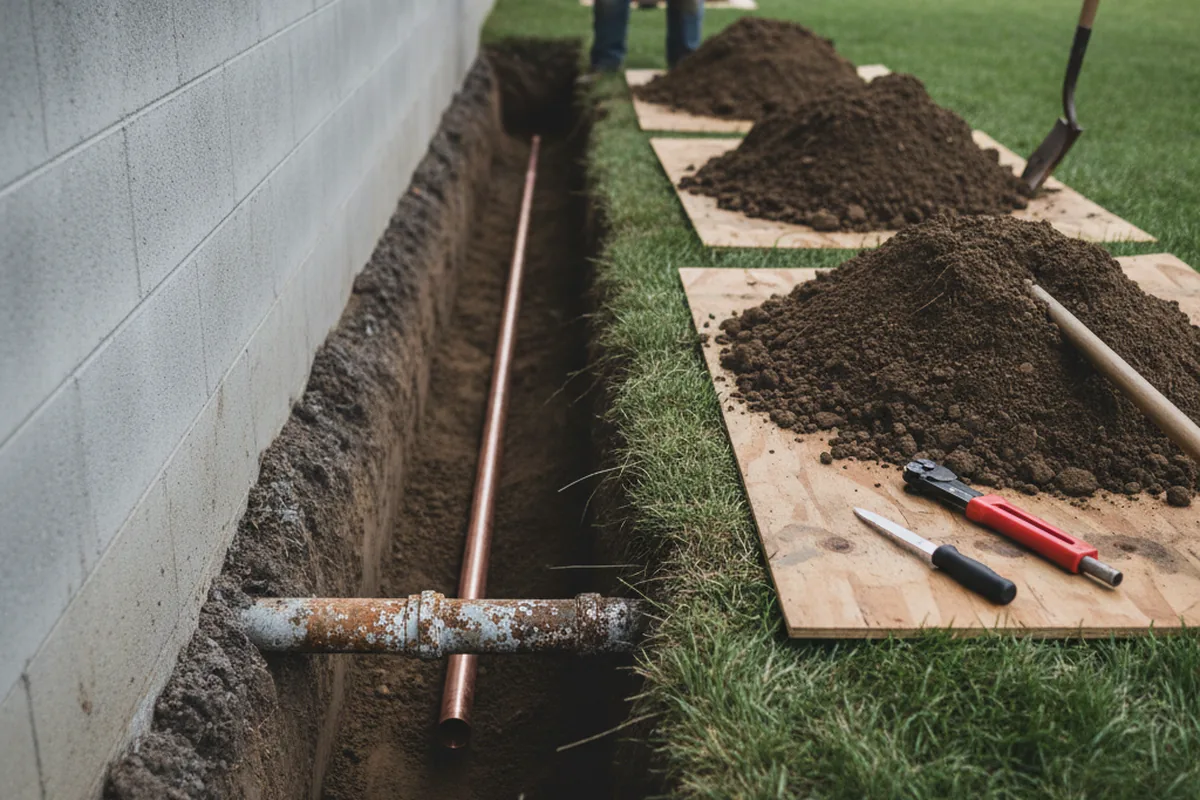 Excavated water line trench during Sewer Line Repair in Newburgh
